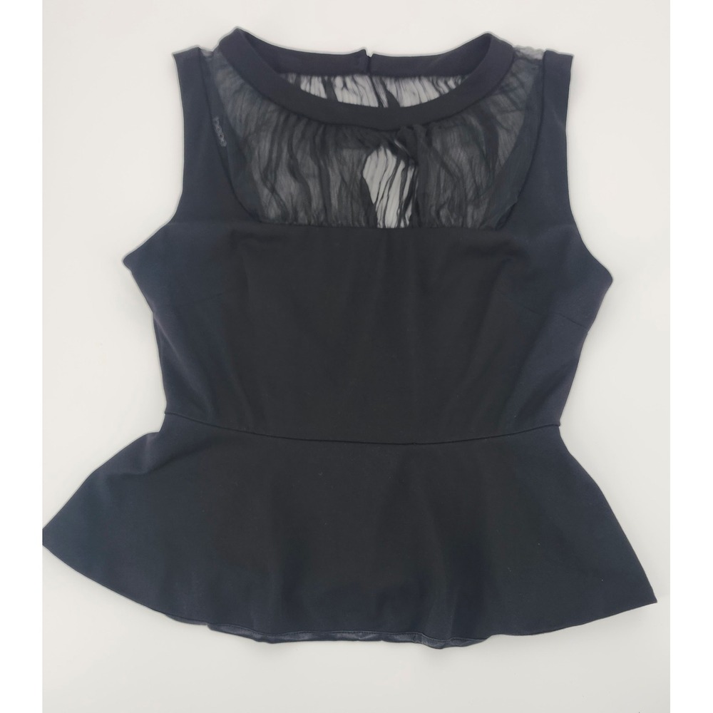 Bebe Black Sheer Mesh Peplum Top Sleeveless Mesh Panel Blouse Womens Medium